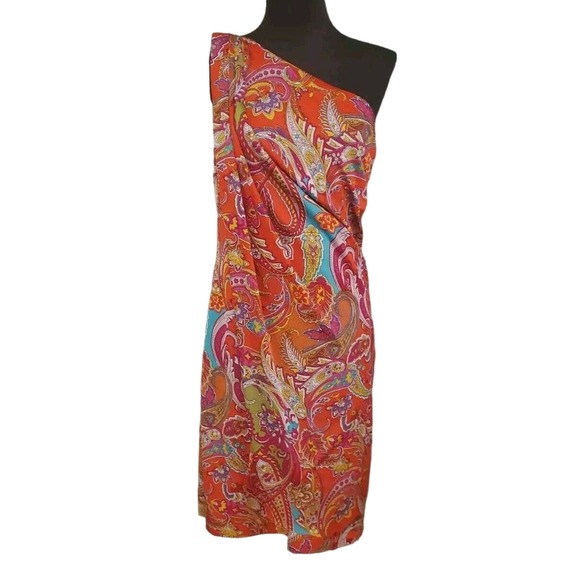 Lauren Ralph Lauren One Shoulder Size 12 Paisley Satin Front Drape Sheath Dress - Picture 2 of 14